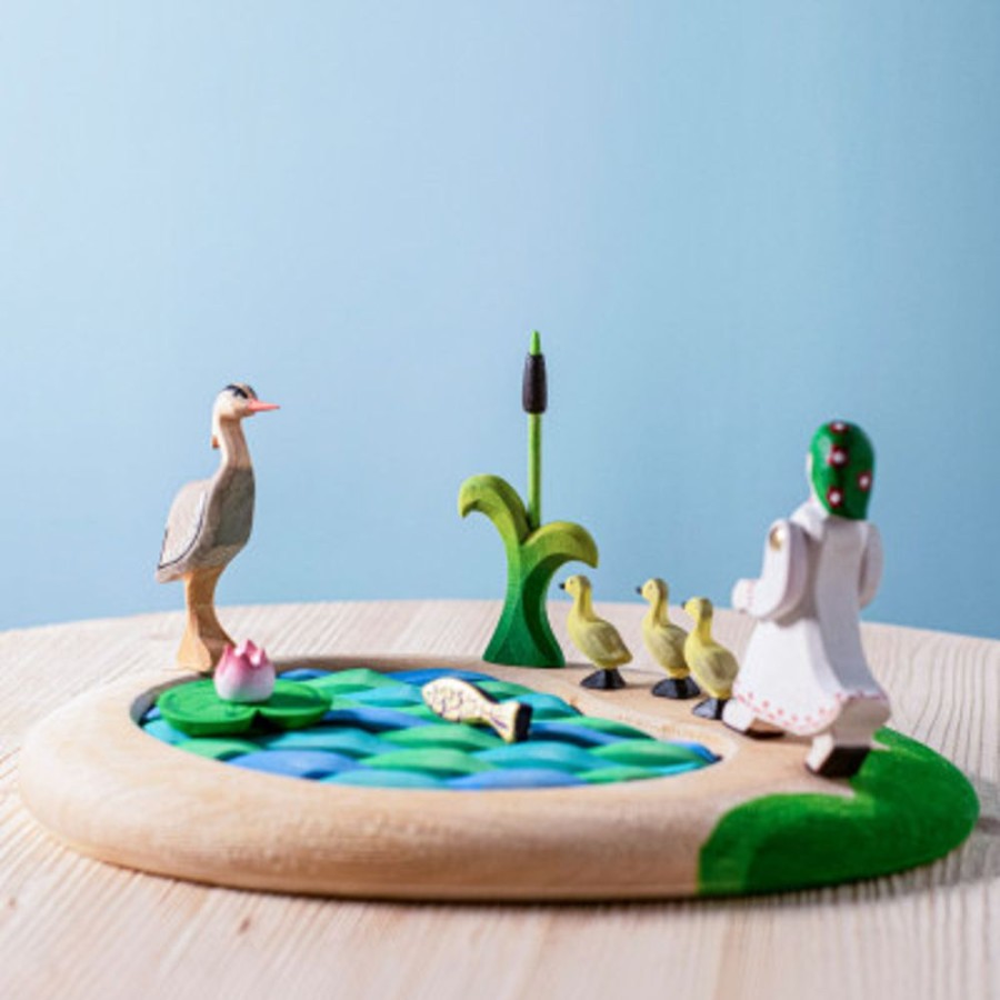 Wooden Animals Bumbu Toys | Lake, Cattails, Water Lily, Fish, Heron, Girl And Ducklings Set